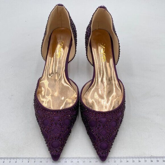 XYD Dark Purple Pointed Toe D'Orsay Kitten Low Heel Rhinestone Stud Wedding Pump - Picture 3 of 8